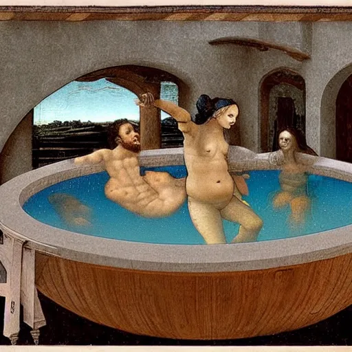 Prompt: leonardo da vinci's plans for his new invention the hot tub