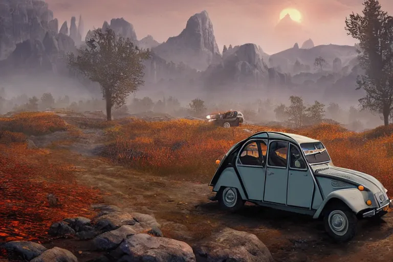 Image similar to offroad citroen 2 cv ( 1 9 6 5 ) driving across the rift, riften city in the background, epic fantasy, autumn, the elder scrolls v : skyrim, dramatic lighting, establishing shot, by simon stalenhag