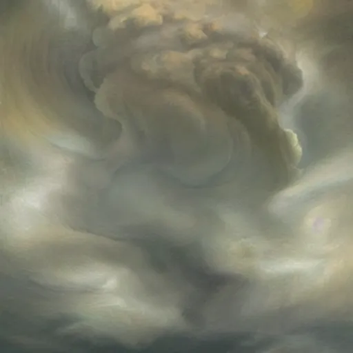 Prompt: swirling clouds in a stormy sky forming the shape of the face of a wise but stern old man. Beautiful, dreamy fantasy oil painting