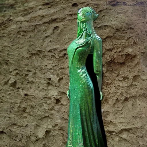 Image similar to The Goddess Asherah standing outside the gates to the emerald city on planet Oz surounded by Elves