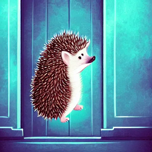 Image similar to cute adorable hedgehog opening the door, waving, smiling, cute, hedgehog, by cyril rolando