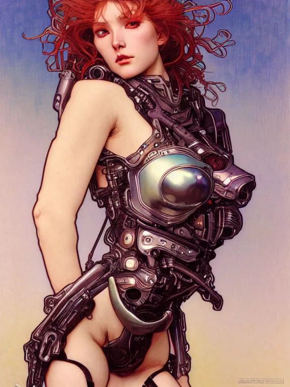 Prompt: realistic detailed sexy portrait of one sublime heroine with few parts of alien like cyberpunk armor, minimal sleek design armor style, by moebius, alphonse mucha, ayami kojima, amano, greg hildebrandt, and mark brooks, feminine, sexy, female, seductive, art nouveau, cyberpunk, neo - gothic, gothic, character concept design,