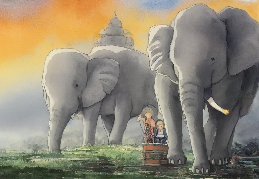 Prompt: a hyperrealist watercolor concept art from a studio ghibli film showing one giant grey elephant. a temple is under construction in the background in india on a misty and starry night. by studio ghibli. very dull muted colors