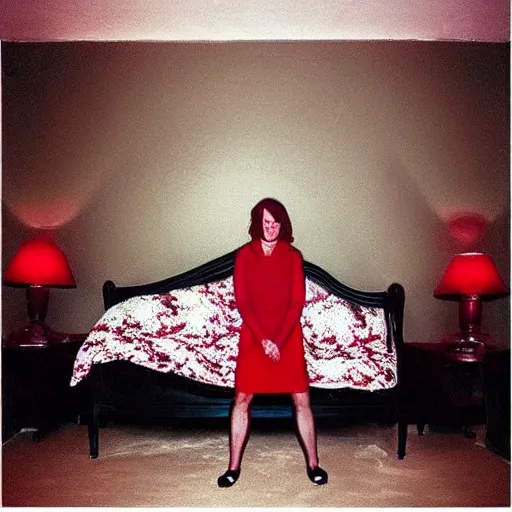 Image similar to “ woman in twin peaks red room, hyperdetailed, realistic lighting aesthetic, surreal vibes ”