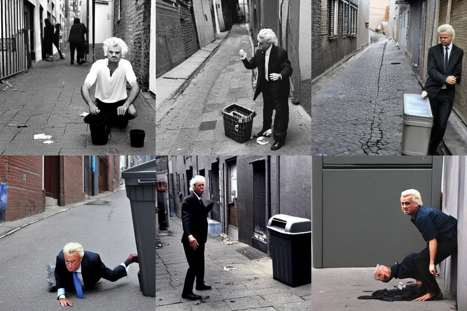 Prompt: geert wilders crawling from behind a trashcan in an alley in the style of rob gonsalves