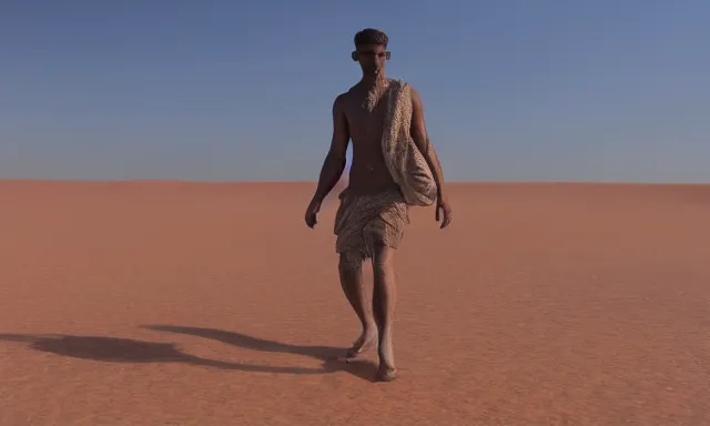 Image similar to a man made of water walking in the sahara, photorealistic, cinematic lighting, 8 k, extremely detailed