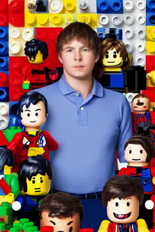 Prompt: a detailed portrait of chris - chan ( christian weston chandler ) wearing a red and blue longsleeve polo shirt, surrounded by legos and amiibos by caravaggio