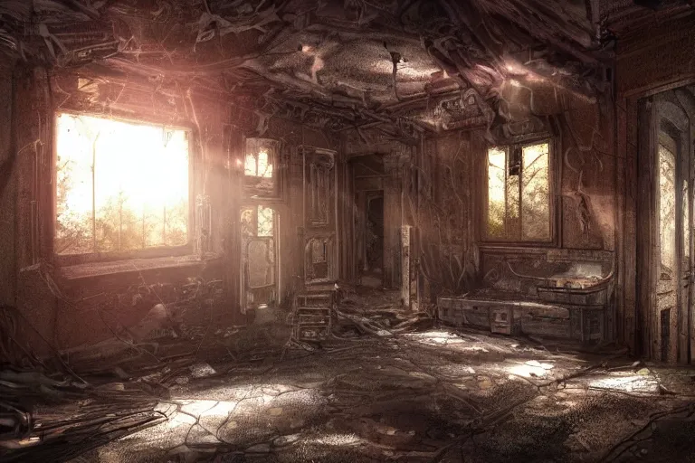 Prompt: the interior of an old abandoned sci - fi house an old oak tree grows inside the house golden rays of sunlight enter through the window old red neon lights digital art trending artstation