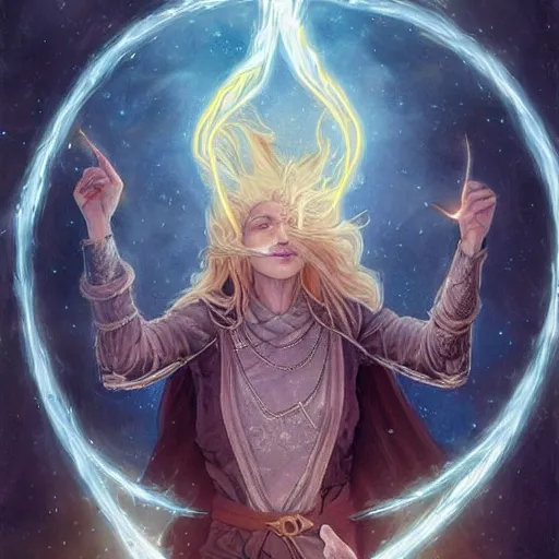 Image similar to a detailed tarot card of a human wizard casting a spell, female, auburn hair with blonde highlights, crackling blue lightning, fantasy, d & d, intricate, elegant, highly detailed, digital painting, artstation, concept art, matte, sharp focus, illustration, in the style of magic the gathering, art by artgerm and greg rutkowski and alphonse mucha