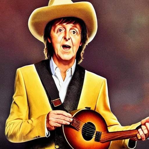 Prompt: Paul McCartney playing the banjo as a cowboy, 8k, high definition, highly detailed, photo-realistic