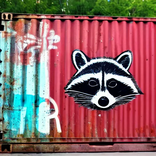 Image similar to raccoon graffiti on rusty green shipping container,