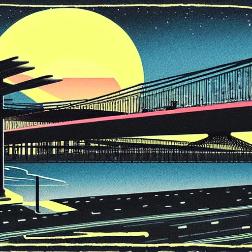 Prompt: night scene of future bridge illustrated by arai yoshimune