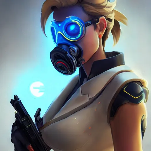 Prompt: mercy overwatch wearing cyber gas mask, 8 k resolution, highly detailed, intricate, very beautiful face, very detailed eyes, by greg rutkowski, wlop