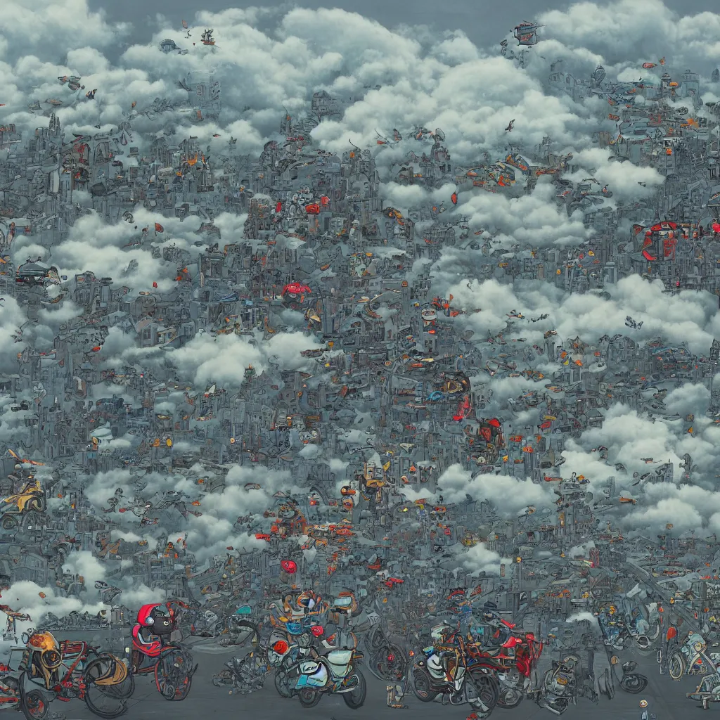 Prompt: a city in the clouds, a highway weaving through the clouds with a group of motorcycles riding down the road, by james jean