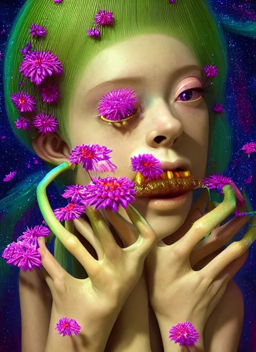 Image similar to hyper detailed 3d render like a Oil painting - kawaii lithe portrait Aurora (gold haired Singer Praying Mantis) seen Eating of the Strangling network of yellowcake aerochrome and milky Fruit and Her delicate Hands hold of gossamer polyp blossoms bring iridescent fungal flowers whose spores black the foolish stars by Jacek Yerka, Mariusz Lewandowski, Houdini algorithmic generative render, Abstract brush strokes, Masterpiece, Edward Hopper and James Gilleard, Zdzislaw Beksinski, Mark Ryden, Wolfgang Lettl, hints of Yayoi Kasuma, octane render, 8k