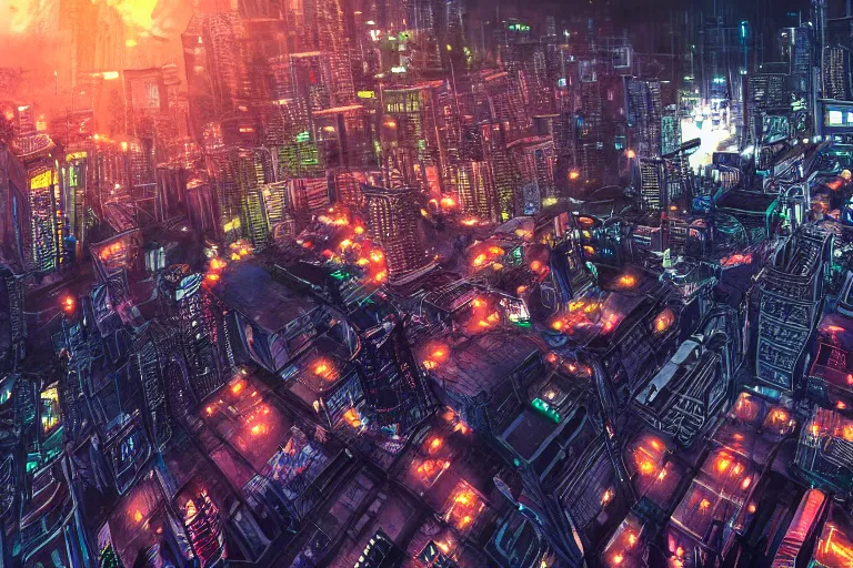 Prompt: sci - fi bangkok cityscape. wide angle night photo. helicopter view. exaggerated detail. volumetric lighting. ink painting by masamune shirow. 4 k