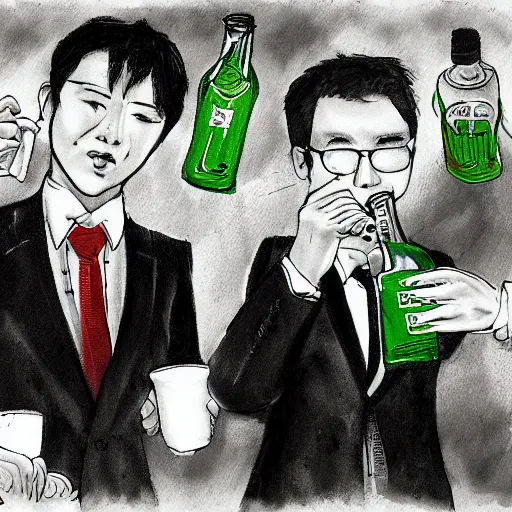 Image similar to korean business men drinking from green bottles by huskmitnavn