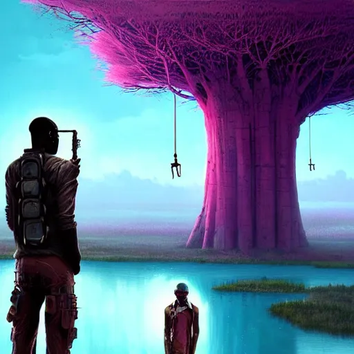 Image similar to a zulu cyberpunk hunter with a drone near a pink lake witha a baobab tree in a lightning storm by greg rutkowski and android jones in a surreal portrait style, oil on canvas, 8k resolution.