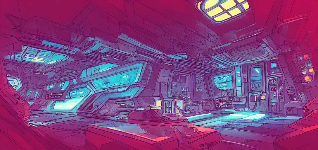 Prompt: “Spaceship board, zenithal view, blue neon light, inside a dark room, in the graphic style of Patrick Gleason, detailed art, artstation, comic art ”