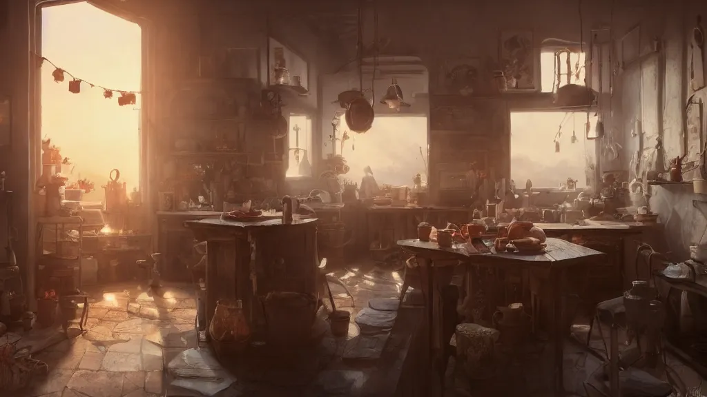 Image similar to a photorealistic hyperrealistic render of an interior of a beautifully decorated cozy kitchen by pixar, greg rutkowski, wlop, makoto shinkai, dramatic moody sunset lighting, long shadows, volumetric, cinematic atmosphere, octane render, artstation, 8 k