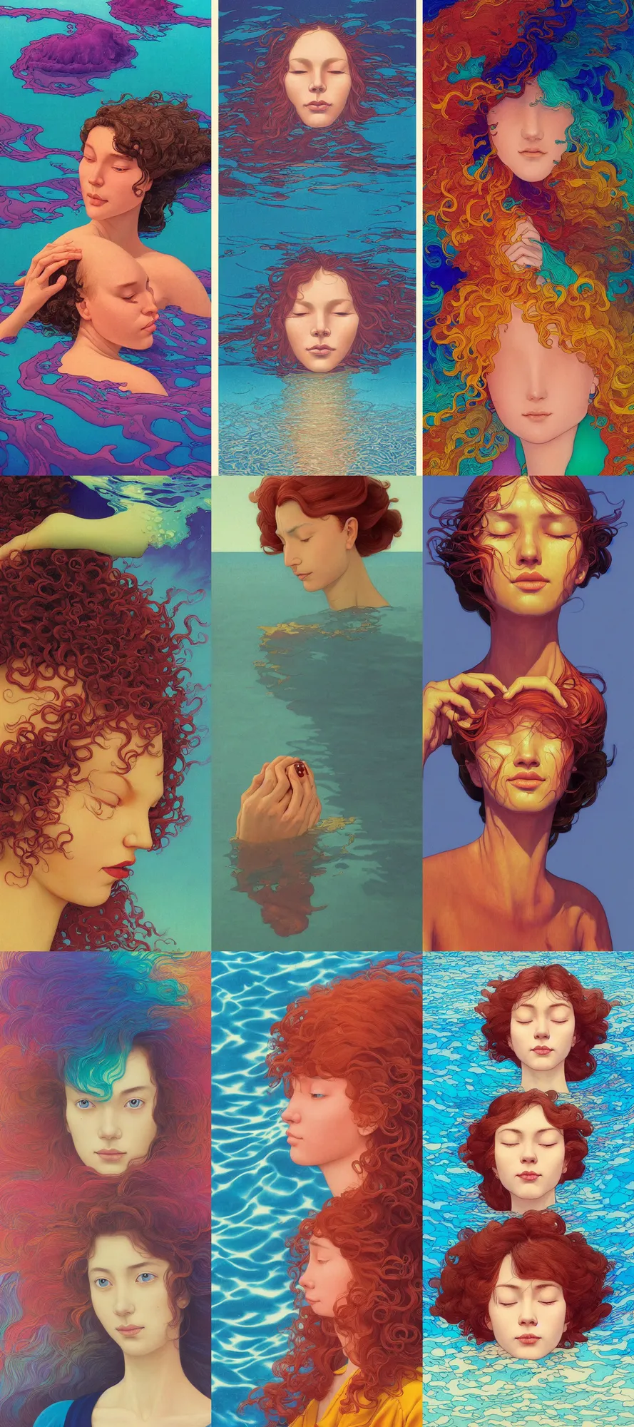 Prompt: a colorful vibrant closeup portrait of a simple caucasian woman with curly mid length brown hair with a calm afraid aesthetic face half submerged in water realistic reflections and dreaming psychedelic hair, by kawase hasui, moebius, edward hopper and james gilleard, zdzislaw beksinski, steven outram colorful flat surreal design, hd, 8 k, artstation