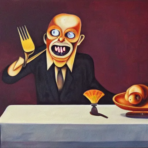 Prompt: a surrealist painting of a grumpy man eating a plate of eyeballs with a fork