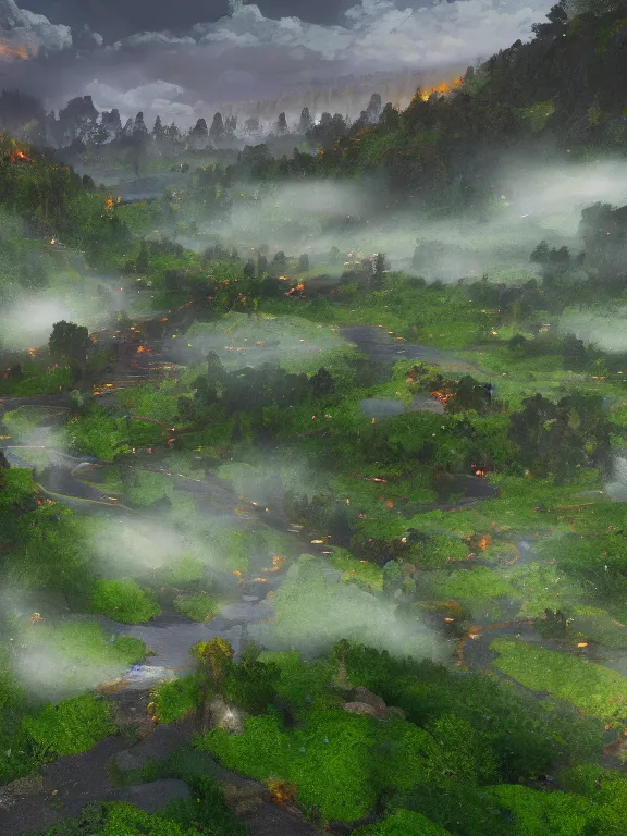 Image similar to photo of 8k ultra realistic beautiful valley, small town, hills, pylons, heavy rain, full of colour, cinematic lighting, battered, trending on artstation, 4k, hyperrealistic, focused, extreme details,unreal engine 5, cinematic, masterpiece, art by studio ghibli