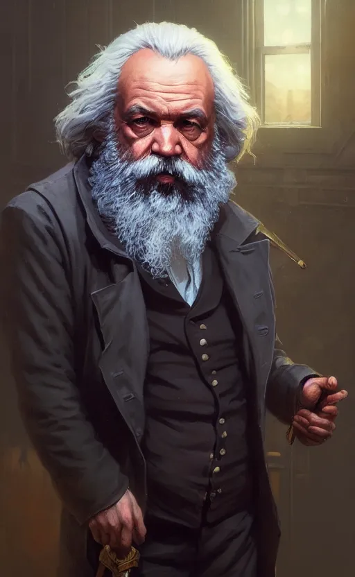 Image similar to highly detailed portrait of karl marx in gta v, stephen bliss, unreal engine, fantasy art by greg rutkowski, loish, rhads, ferdinand knab, makoto shinkai and lois van baarle, ilya kuvshinov, rossdraws, tom bagshaw, global illumination, radiant light, detailed and intricate environment