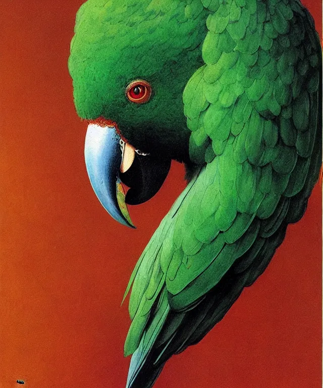 Image similar to beautiful emerald green parrot with red aura and eyes, by zdzisław beksinski, by gustave dore