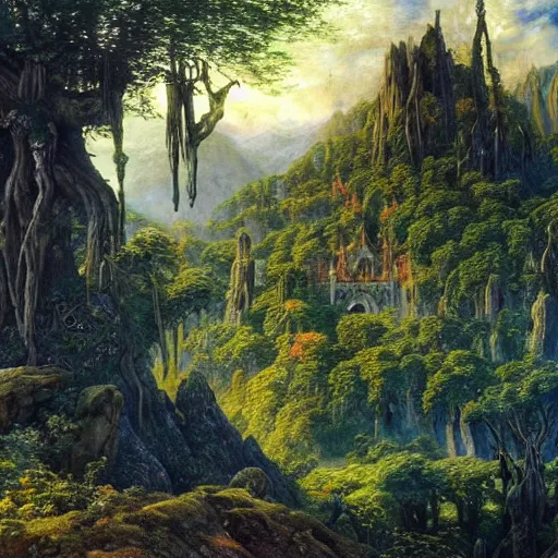 Image similar to a beautiful and highly detailed epic oil painting of an elven palace in the mountains, lush valley, beautiful trees, tangled rune vines, ancient stone runes, intricate details, epic scale, insanely complex, 8 k, sharp focus, hyperrealism, fantasy landscape, psychedelic, by caspar friedrich, brian froud, albert bierstadt,