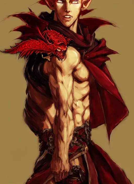 Image similar to Half body portrait of a handsome young red haired elven monk prince with dragon eyes, staff and red and golden ornate dragon robe. In style of Yoji Shinkawa and Hyung-tae Kim, trending on ArtStation, dark fantasy, great composition, concept art, highly detailed.