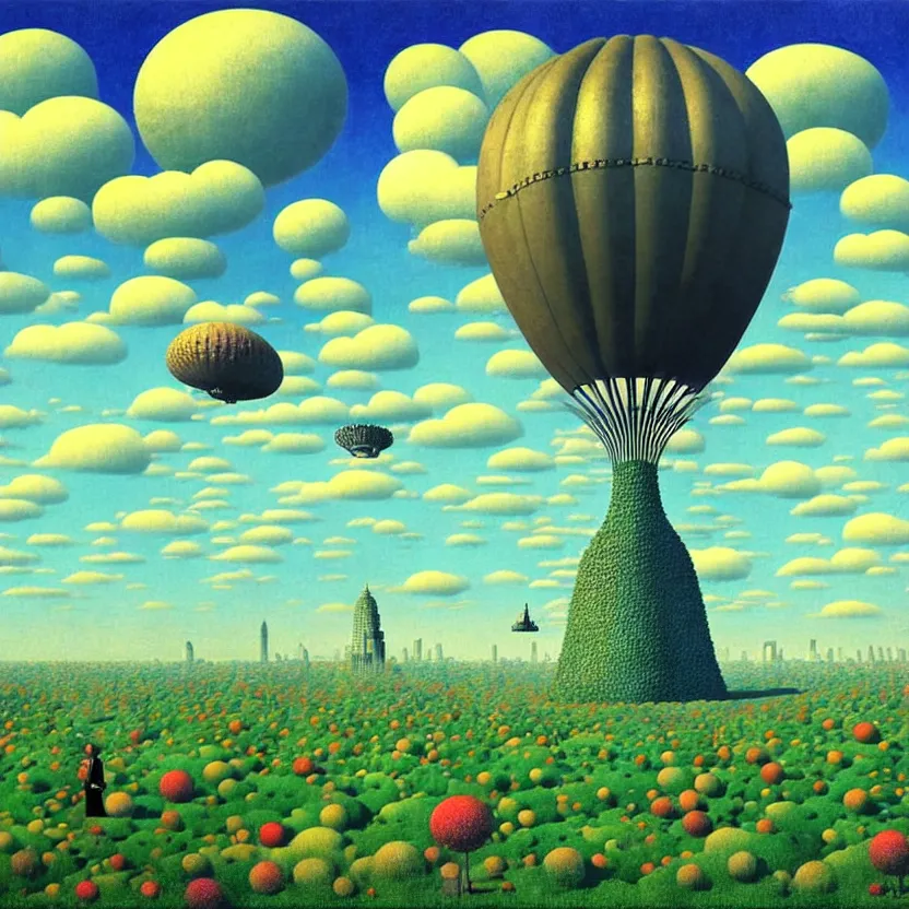 Prompt: surreal glimpse into other universe, mahanakorn tower with airship floating sky, summer morning, very coherent and colorful high contrast, art by! gediminas pranckevicius, rene magritte! paul klee geof darrow, volumetric lighting, cinematic, floralpunk screen printing woodblock, dark shadows, hard lighting, stipple brush