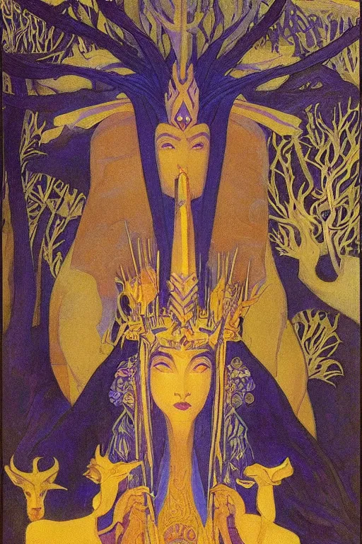 Image similar to new queen of the forest with her scepter, by Nicholas Roerich and jean delville, dramatic cinematic lighting , ornate headdress , lost civilizations, extremely detailed