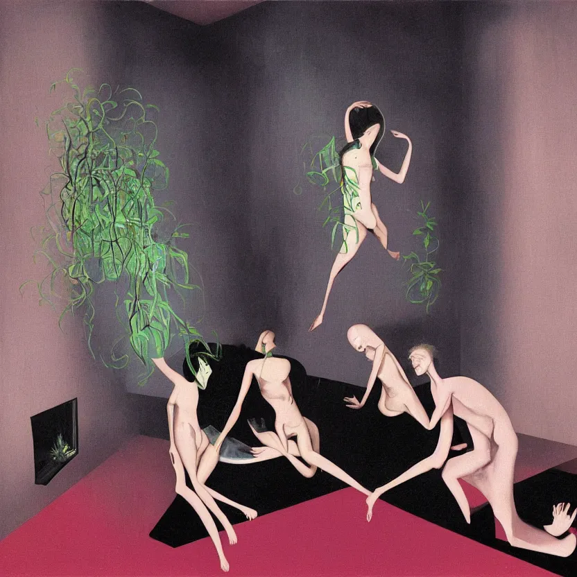 Image similar to Man and woman attached by love in a living room of a house, floating dark energy surrounds the middle of the room. There is one living room plant to the side of the room, surrounded by a background of dark cyber mystic alchemical transmutation heavenless realm, cover artwork by francis bacon and Jenny seville and anna mond, midnight hour, part by adrian ghenie, part by jeffrey smith, part by josan gonzales, part by norman rockwell, part by phil hale, part by kim dorland, palette knife texture, paint drip, muted cold colors, artstation, highly detailed