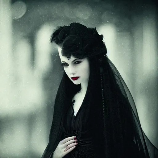 Prompt: A beautiful portrait of a lady vampire, victorian, '20, ominous, depth of field, bokeh, irwin penn, soft light, cinematic