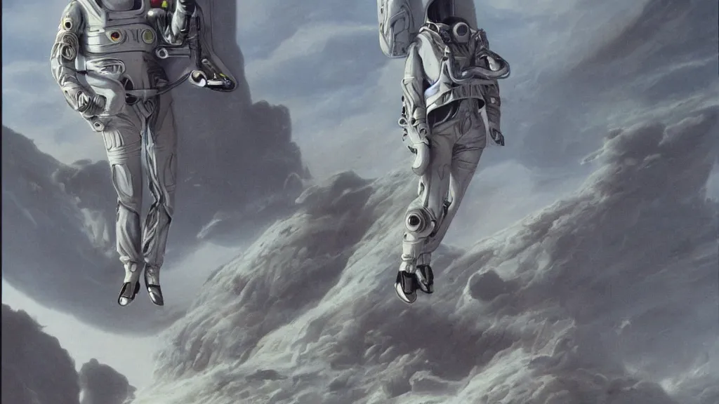 Image similar to futuristic organic spacesuit design by john schoenherr and jim burns, epic cinematic matte painting