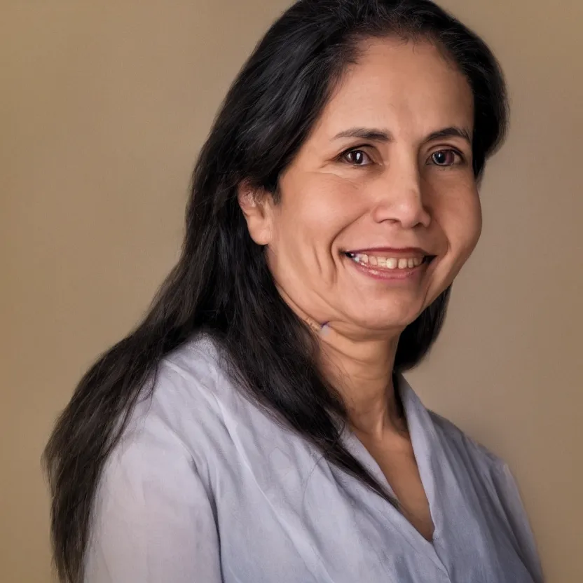 Prompt: Modern Venezuelan professor woman portrait slight smile, twinkling eyes highly detailed hyper realistic photo on black background