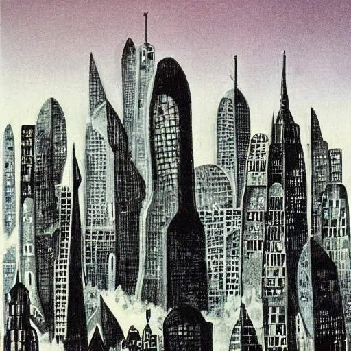 Prompt: futuristic cityscape by Maurice Sendak