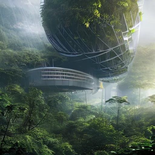 Image similar to extreme wide shot a futuristic containment building in a rainforest valley with a city in the distance, national geographic, hyper realistic, 4 k, warm light, a sense of hope, artstation