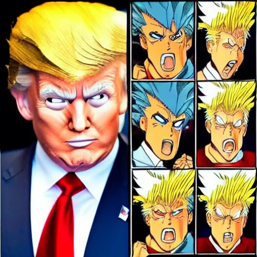 Image similar to super sayan donald trump, anime