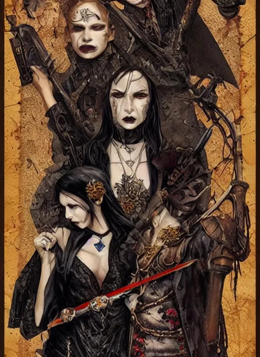 Image similar to tarot card :: horror :: vampires and draculas :: cult and clan :: hearts and roses :: gold and silver :: guns and swords :: highly details :: intricate details :: Sandra Chevrier and bastien lecouffe deharme