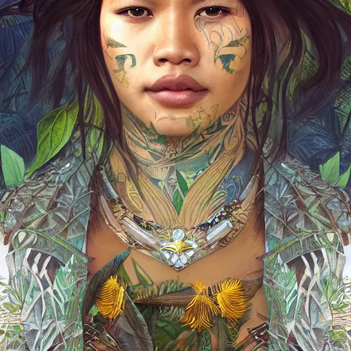 Image similar to A Pacific Islander Ruler, facial tattoos, artists portrait, wild jungle, fantasy, highly detailed, digital painting, concept art, sharp focus, depth of field blur, illustration, art by artgerm and greg rutkowski and alphonse mucha