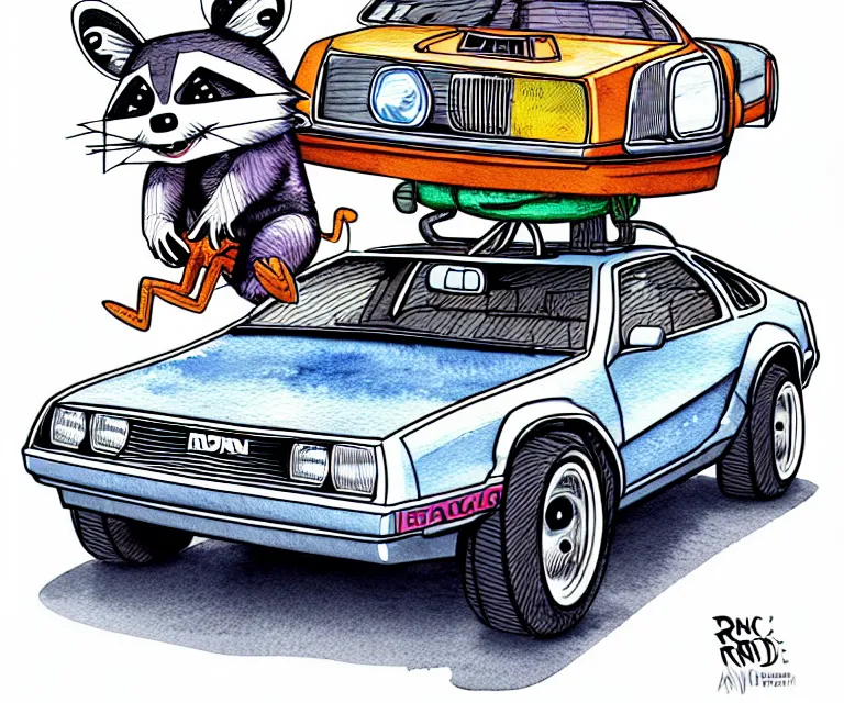 Prompt: cute and funny, racoon wearing a helmet riding in a tiny silver color hot rod dmc delorean with oversized engine, ratfink style by ed roth, centered award winning watercolor pen illustration, isometric illustration by chihiro iwasaki, edited by range murata, details by artgerm