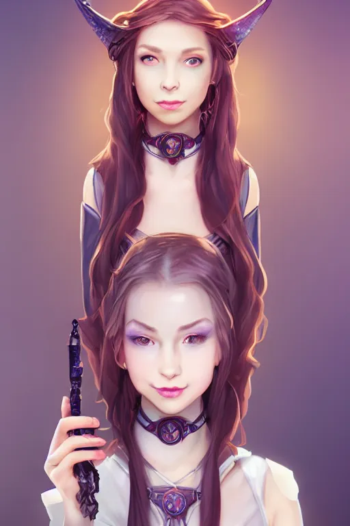 Prompt: portrait of a gorgeous young female artificer holding a strange device, looking at camera, D&D, choker on neck, stylish dress, mouth slightly open, cute slightly nerdy smile, very long flowing hair, intricate, elegant, stylish, fantasy, extremely detailed, digital painting, artstation, concept art, smooth, sharp focus, illustration, stunning lighting, art by artgerm and greg rutkowski and alphonse mucha and simon stalenhag