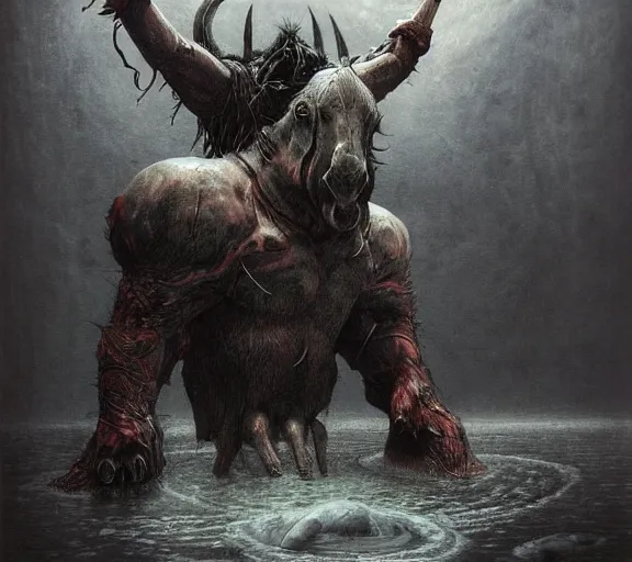 Image similar to minotaur concept, bull headed, full body concept, beksinski, wayne barlowe, adrian smith fantasy art, the hobbit art, lord of the ring art, the witcher concept art, trending on artstation, game of throne art