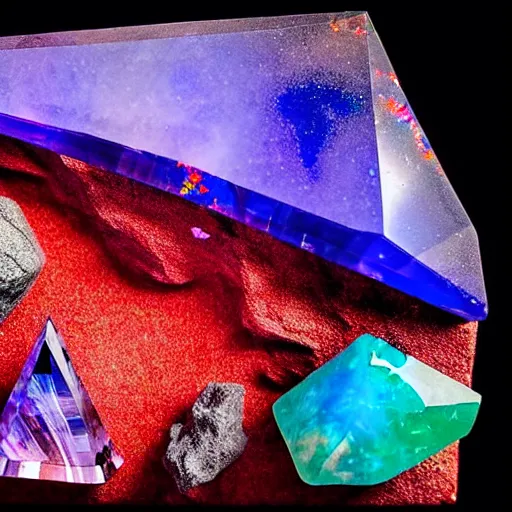 Prompt: a mineral rock, in a dark studio room, vaporwave theme. Photography of rare minerals. Tanzanite, Red Beryl, Bixbite, Red Emerald, Scarlet Emerald, Opal, Quartz, Elbaite, Calcite, Kunzite. in the style of artgerm.