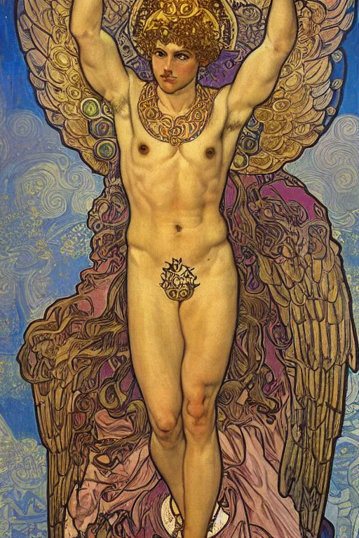 Image similar to a full body portrait of saint michael the archangel oil painting cross between the styles of alphonse mucha and gustav klimt gold leaf, intricate detailed,