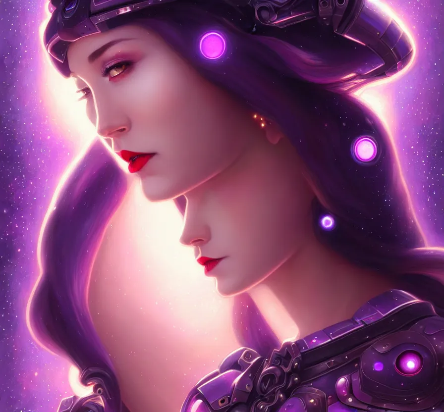 Prompt: beautiful cyber female with purple mechanic eyes and red lips, face, sci - fi, metal skinn, constellation geometry space mandal background, breathtaking stars, elegant, highly detailed, digital painting, artstation, concept art, smooth, sharp focus, spiritual art, art by artgerm and greg rutkowski and alphonse mucha, psychedelic, illustration, painting oil,