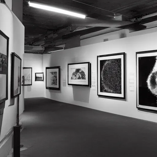 Prompt: A black and white photography in sérigraphie of an exhibition space, in the style of Marcel Broodthaers