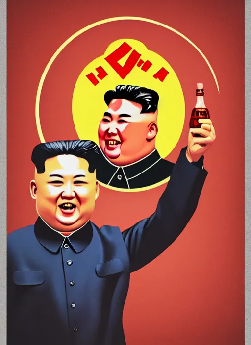 Prompt: kim jong - un with a bottle of vodka on an icon with a halo of fire, scary infernal art in color